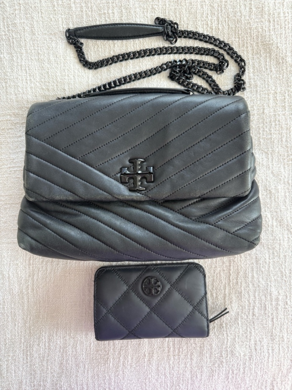 Tory Burch Kira Chevron Powder Coated Black Quilted Leather Purse w/Black Wallet